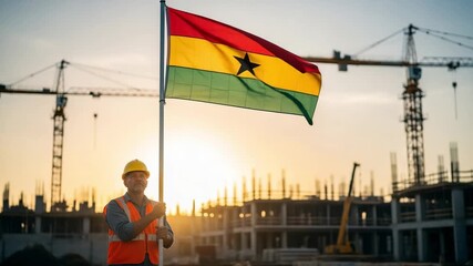 Proud male construction worker holding the flag of Ghana at a building site. Industrial development and national pride concept at sunset. - Powered by Adobe