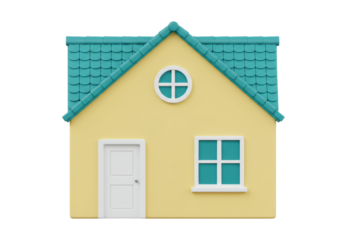 Isolated cartoon house with blue roof and yellow walls on a neutral backdrop, cute house