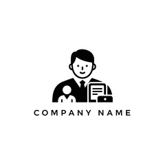 A black and white logo featuring a person holding a document, with a smaller person beside them.