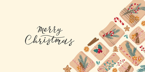 Eco friendly Christmas gift illustration. Festive Background with wrapped boxes. Rustic holiday present vector design. Template for banner card poster winter decor