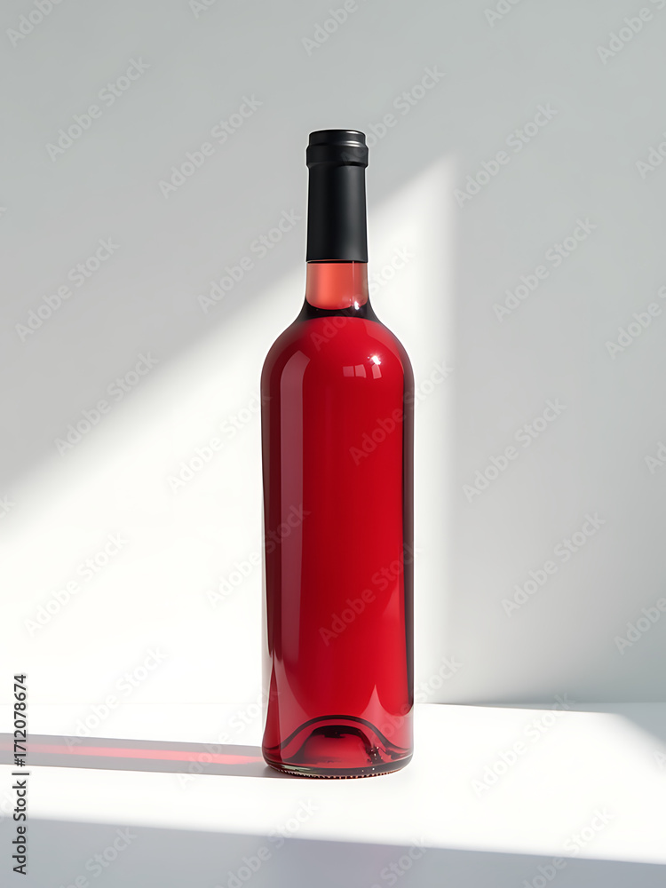 Poster sleek empty red wine bottle sits atop crisp white surface illuminated soft overhead light casting su