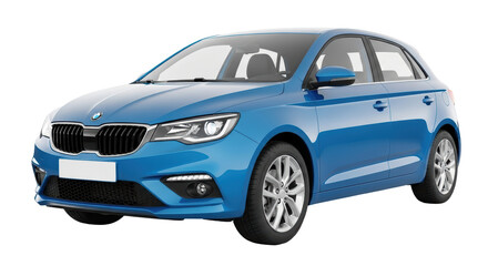 Isolated blue car front view on display for sale in studio, affordable transportation
