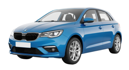 Isolated blue car front view on display for sale in studio, affordable transportation