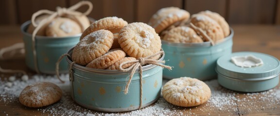 Homemade butter cookies in festive blue tins dusted with sugar on wooden table.