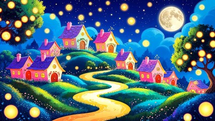 Whimsical fairytale style  village with tiny houses, sparkling lush magical  trees, stars and a huge moon 