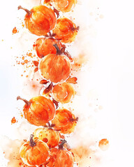 Watercolor Halloween Border with Pumpkins and Fall Flowers, high detail 4k
