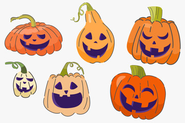 Set pumpkin with emotions on white background. Halloween monster, orange pumpkin  with carved  scary face set on white background. Holiday cartoon character collection for celebration design. Vector s