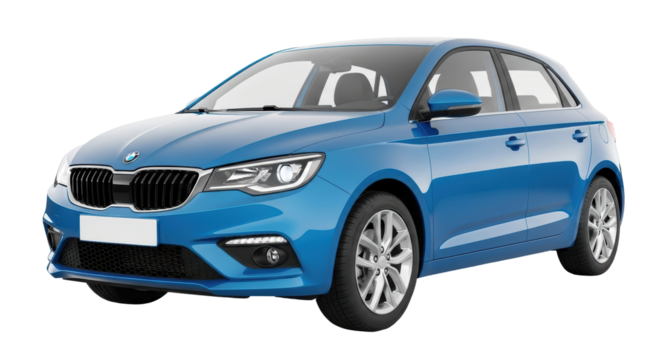 Isolated blue car front view on display for sale in studio, affordable transportation