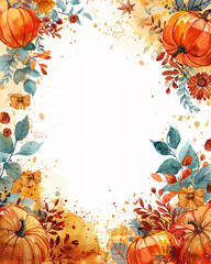 Watercolor Halloween Border with Pumpkins and Fall Flowers, high detail 4k