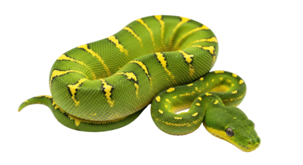 Isolated Green Tree Python resting in coiled position, bright exotic snake is ready to strike