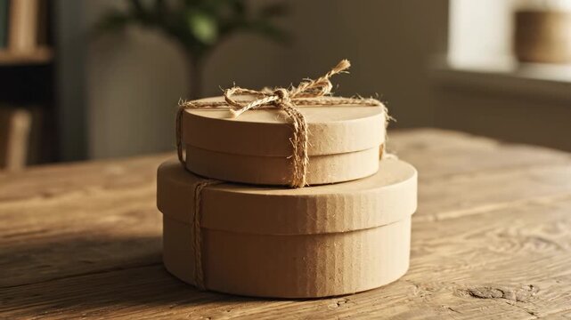 Rustic Cardboard Gift Boxes on Wooden Table - Two round cardboard gift boxes, tied with twine, sit stacked on a rustic wooden table. The scene is softly lit, creating a warm and inviting atmosphere.