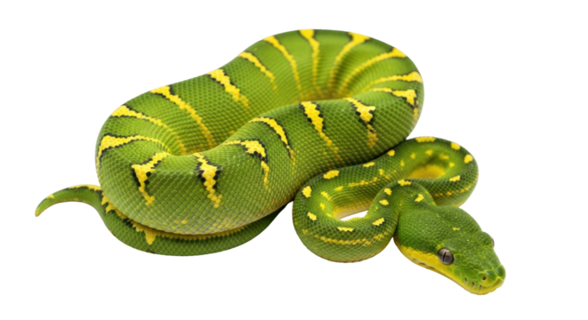 Isolated Green Tree Python resting in coiled position, bright exotic snake is ready to strike