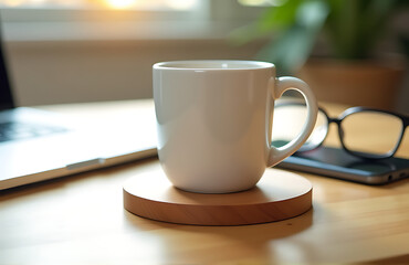 Obraz premium sleek wooden coaster supports pristine white coffee mug angle smartphone reading glasses resting nearby soft
