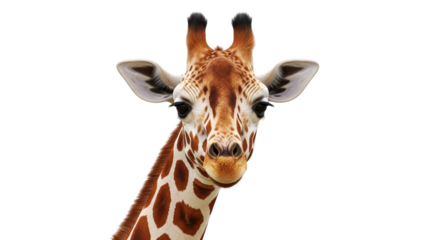 Isolated Giraffe head, face, and neck, with large ears and unique spotted pattern animal