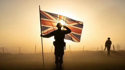 Silhouette of a British soldier saluting with the Union Jack flag on a misty battlefield at sunrise. A concept of remembrance, patriotism and sacrifice. - Powered by Adobe