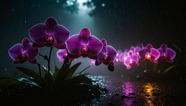 Enchanted purple orchids bathed in a gentle night rain, their vibrant petals reflecting delicate light on the wet surface, evoke a tranquil and mysterious garden ambiance