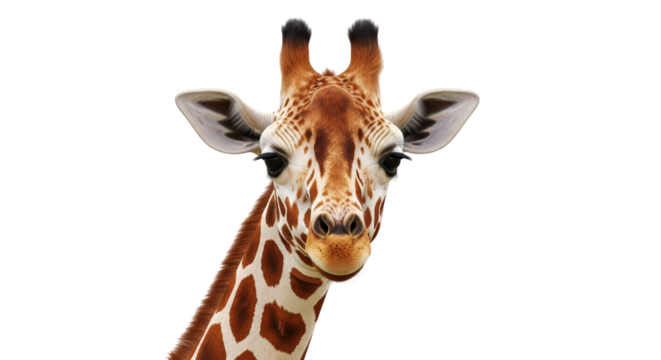 Isolated Giraffe head, face, and neck, with large ears and unique spotted pattern animal