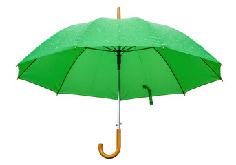 Isolated Green Umbrella Protection for Rainy Weather With Wood Handle on an overcast day