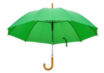 Isolated Green Umbrella Protection for Rainy Weather With Wood Handle on an overcast day