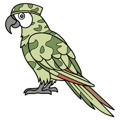 Vector art of a cartoon military parrot stands alert, its plumage adorned with camouflage patterns, a whimsical yet disciplined avian soldier