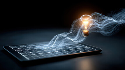 Tablet displaying solar cell grid emits glowing light bulb with energy waves