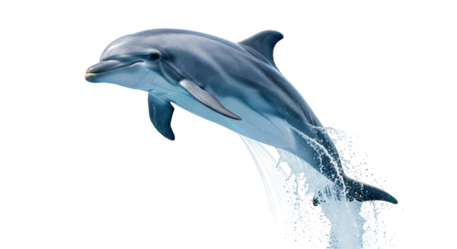 Isolated bottlenose dolphin jumping out of water with splash in air; marine life mammal