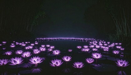 Serene Purple Lotus Blooms Adorn a Tranquil Pond at Night, Creating a Magical Ambiance