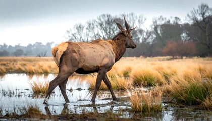Naklejka premium Majestic Elk in Autumn Wetlands.