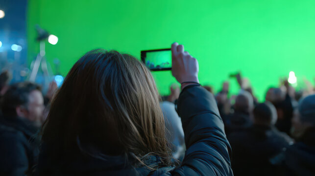 Woman holding smartphone recording crowd in front of green screen backdrop, lively atmosphere - Powered by Adobe