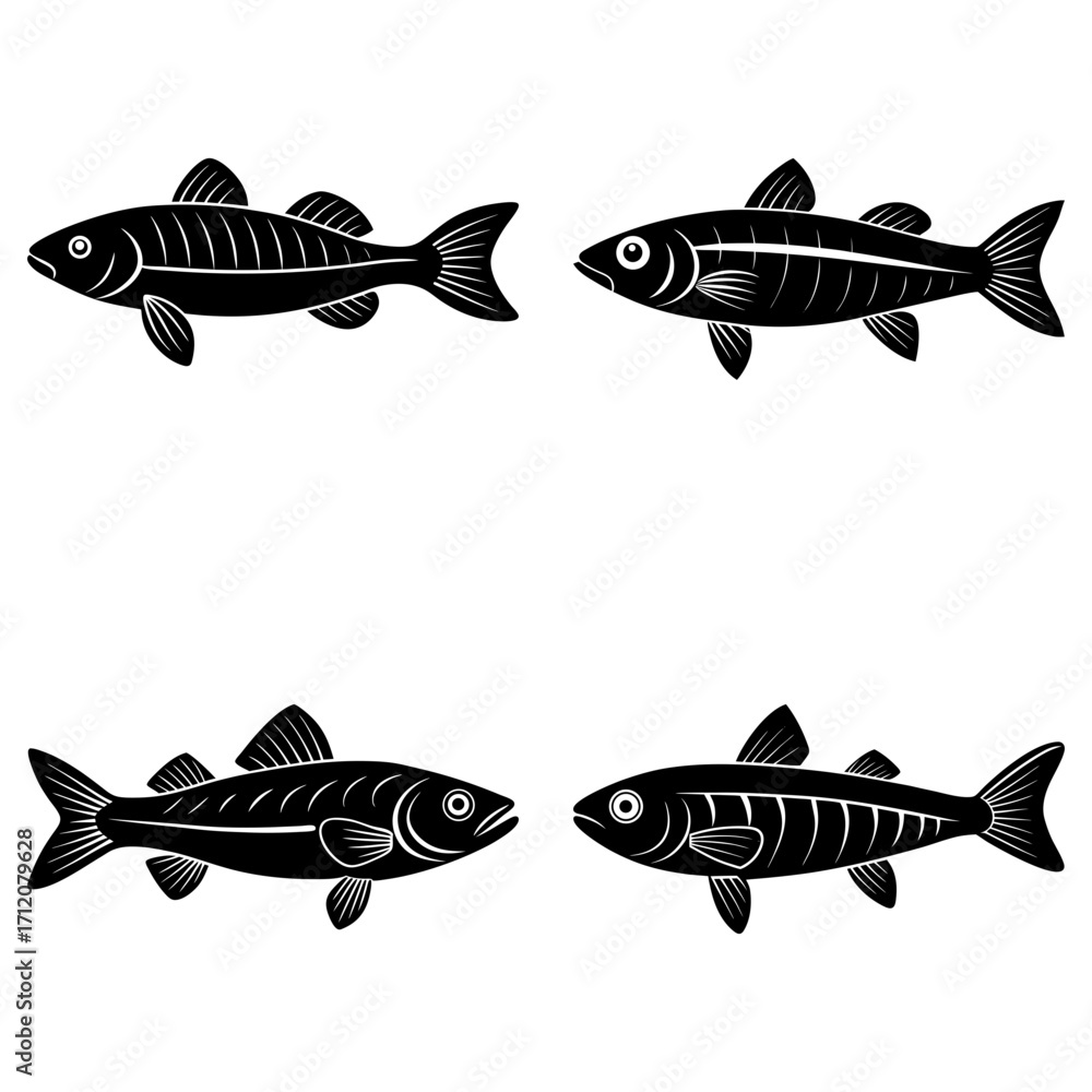 Poster four stylized fish illustrations arranged in a square pattern on a white background design element