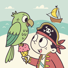 Vector art of a delightful cartoon illustration portrays a pirate child with a parrot and ice cream, set against a beach backdrop with a ship, radiating joy and summer fun