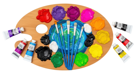 Isolated painting palette with various color blobs plus tubes, brushes for painting colorful work