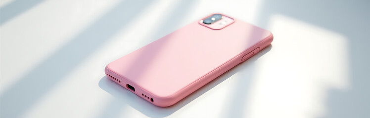 sleek pink smartphone encased translucent protective cover lies minimalist white background bathed soft overhead natural