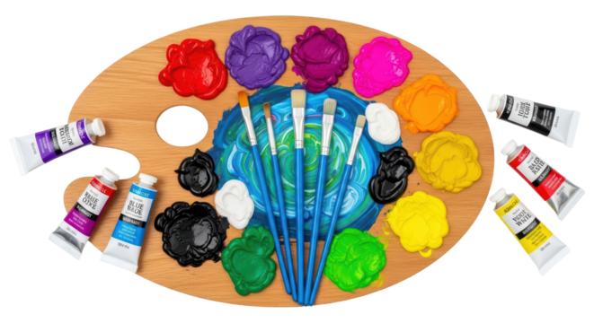 Isolated painting palette with various color blobs plus tubes, brushes for painting colorful work