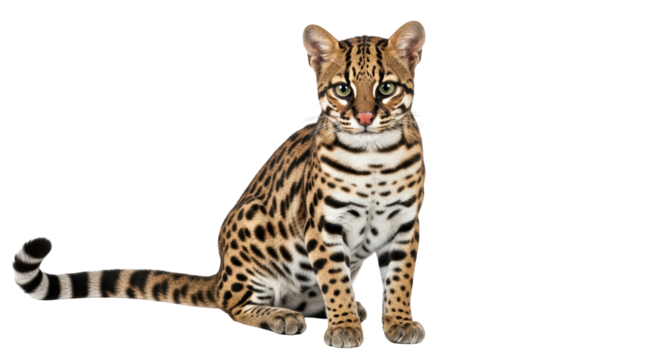 Isolated ocelot facing camera, portrait of exotic wild cat, beautiful animal in studio