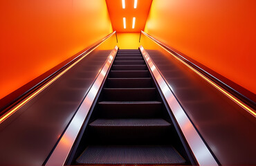 sleek modern escalator ascends bright interior space handrails glowing dark metal steps