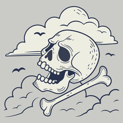 Vector art of a skull with a bone in the clouds, with birds flying around it, creating a spooky and ominous scene, perfect for halloween or pirate themes