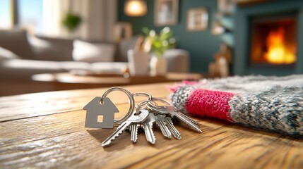 A keyring with a small house-shaped charm and several keys, lying on a rustic wooden table, with a cozy living room in the background, featuring a couch and a warm fireplace