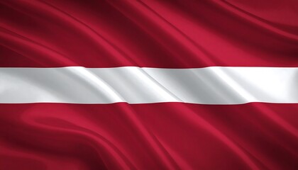 Fototapeta premium Latvia flag with deep red and white horizontal bands waving dynamically, symbolizing national pride, resilience, and cultural identity.