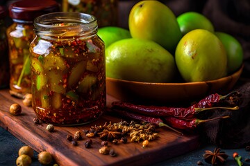 Traditional Indian Mango Pickle in Glass Jar Surrounded by Whole Spices and Raw Mangoes