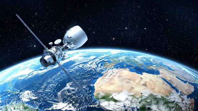 Satellite Orbiting Earth - A detailed illustration of a satellite orbiting the Earth, showcasing global communication technology.