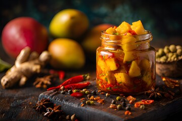 Traditional Indian Mango Pickle in Glass Jar Surrounded by Whole Spices and Raw Mangoes