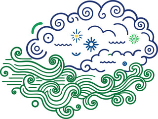 Whimsical weather patterns Illustration: A stylized illustration captures a dynamic weather system, featuring swirling clouds, gentle waves, and elements of sun, stars.