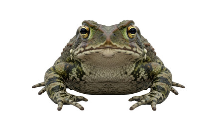 Isolated front view of green toad with golden eyes, a common amphibian predator in nature