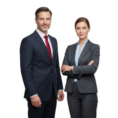 Confident business professionals man and woman posing together isolated on transparent background