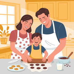 Family baking cookies together in a warm kitchen with cheerful expressions mother