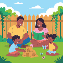 Family building a sandcastle in a backyard with a wooden fence and butterflies playing