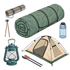 Camping and outdoor adventure gear laid out for exploration
