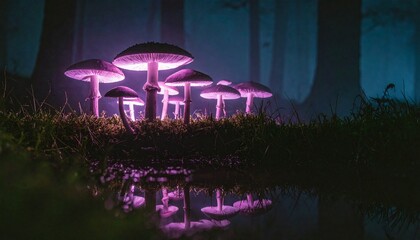 A cluster of vibrant, purple glowing mushrooms illuminating a serene, misty forest floor, perfectly reflected in the still waters below, creating a magical and otherworldly scene