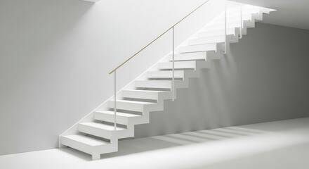 Minimalist White Staircase with Light Wood Railing in Bright White Modern Interior with Geometric Shadows and Clean Lines Architecture